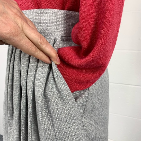 Vintage 70's Gray Woven Flannel Pleated Midi Skirt With Pockets Dark Academia 10 - Picture 3 of 6